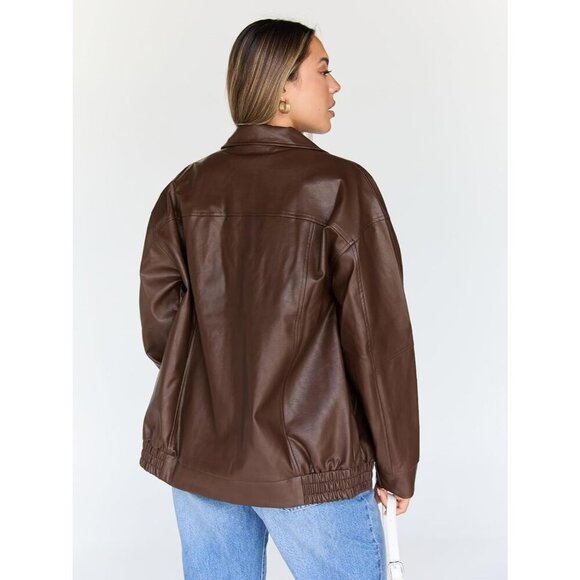 Women's Leather Bomber Moto Coat Jacket Brown Trendy Queen Statement Piece - Picture 4 of 5